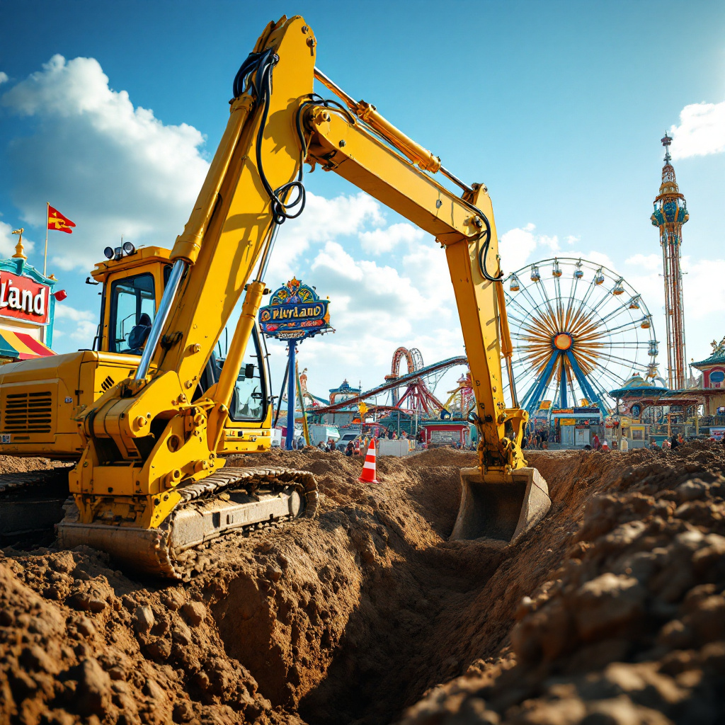 Yellow backhoe digging playland amusement park
