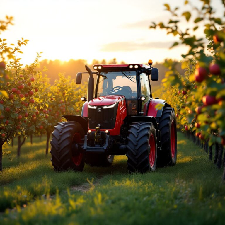 Modern farm tractor apple orchard